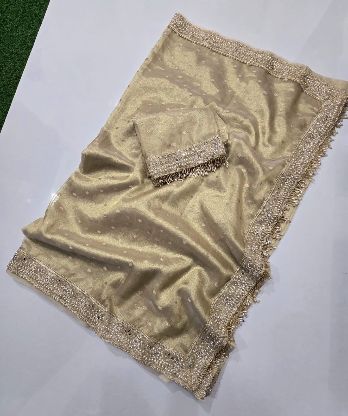 Banarasi tissue silk saree with all over chunri but