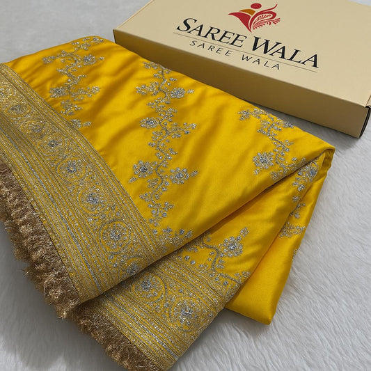 Banarasi Soft Mashru Katan Silk in Marigold Yellow.
Handwoven buta motifs