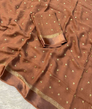 Premium Satin Patta Pure Viscose Georgette Saree with Sequins Butti & Designer Contrast Blouse