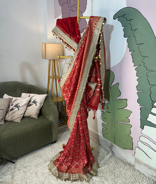 Red Designer Georgette Katan Silk Saree with Gota Patti and Coin lace