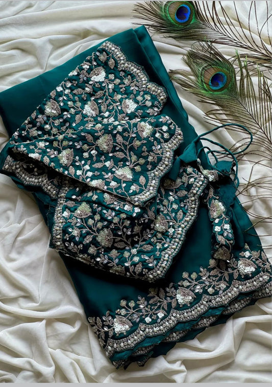 Ready-to-wear Pre-Drapped Saree with stitched designer Blouse.