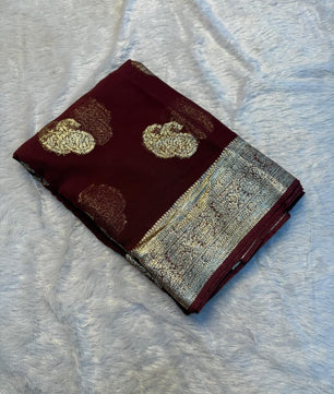 Pure Viscose Georgette Weaving Jacquard Saree With Contrast Color Blouse