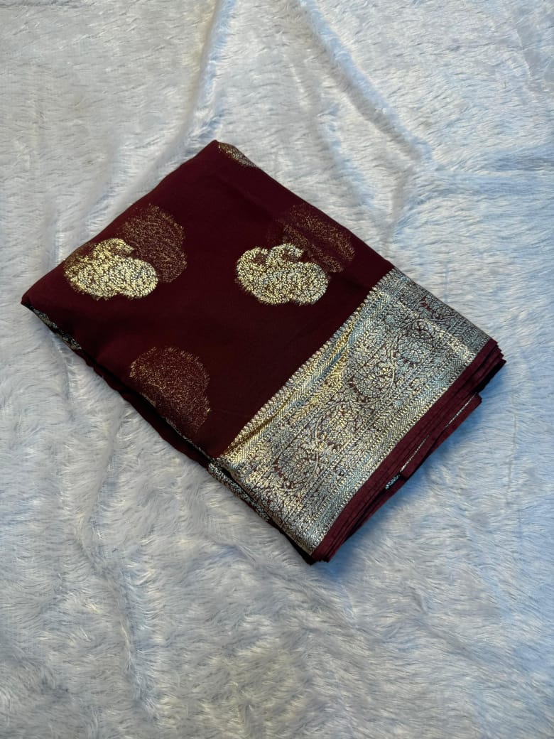 Pure Viscose Georgette Weaving Jacquard Saree With Contrast Color Blouse