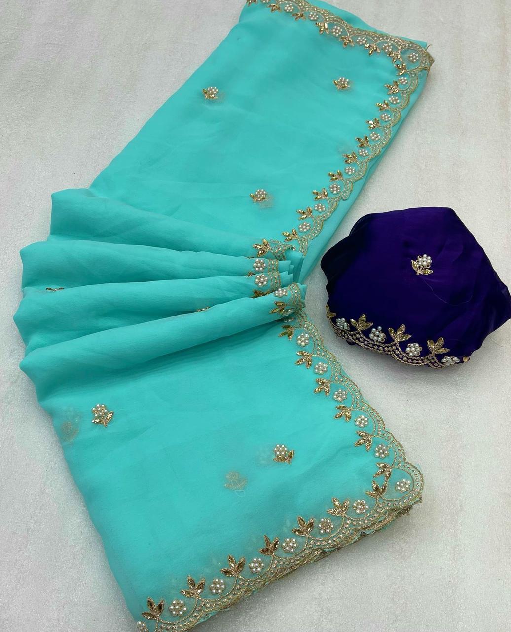 Chinnon silk Saree with Embroidery & Scalloped Border