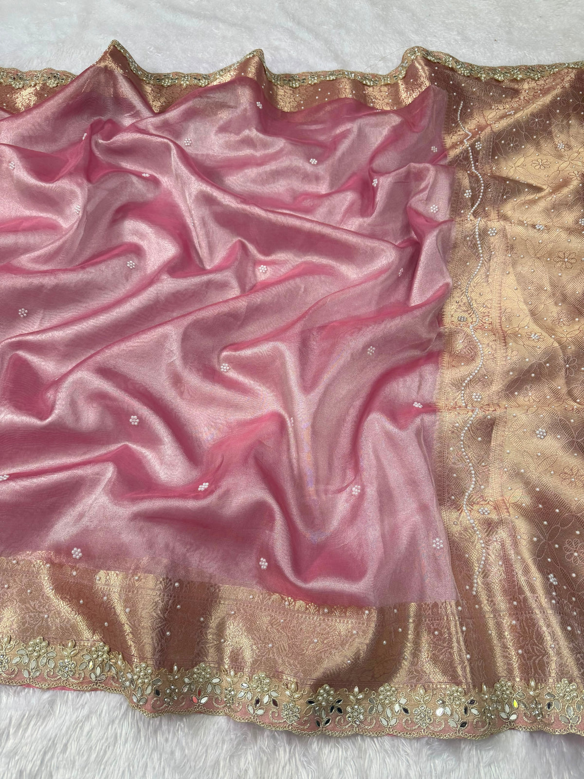 Premium soft pink tissue saree with heavy work