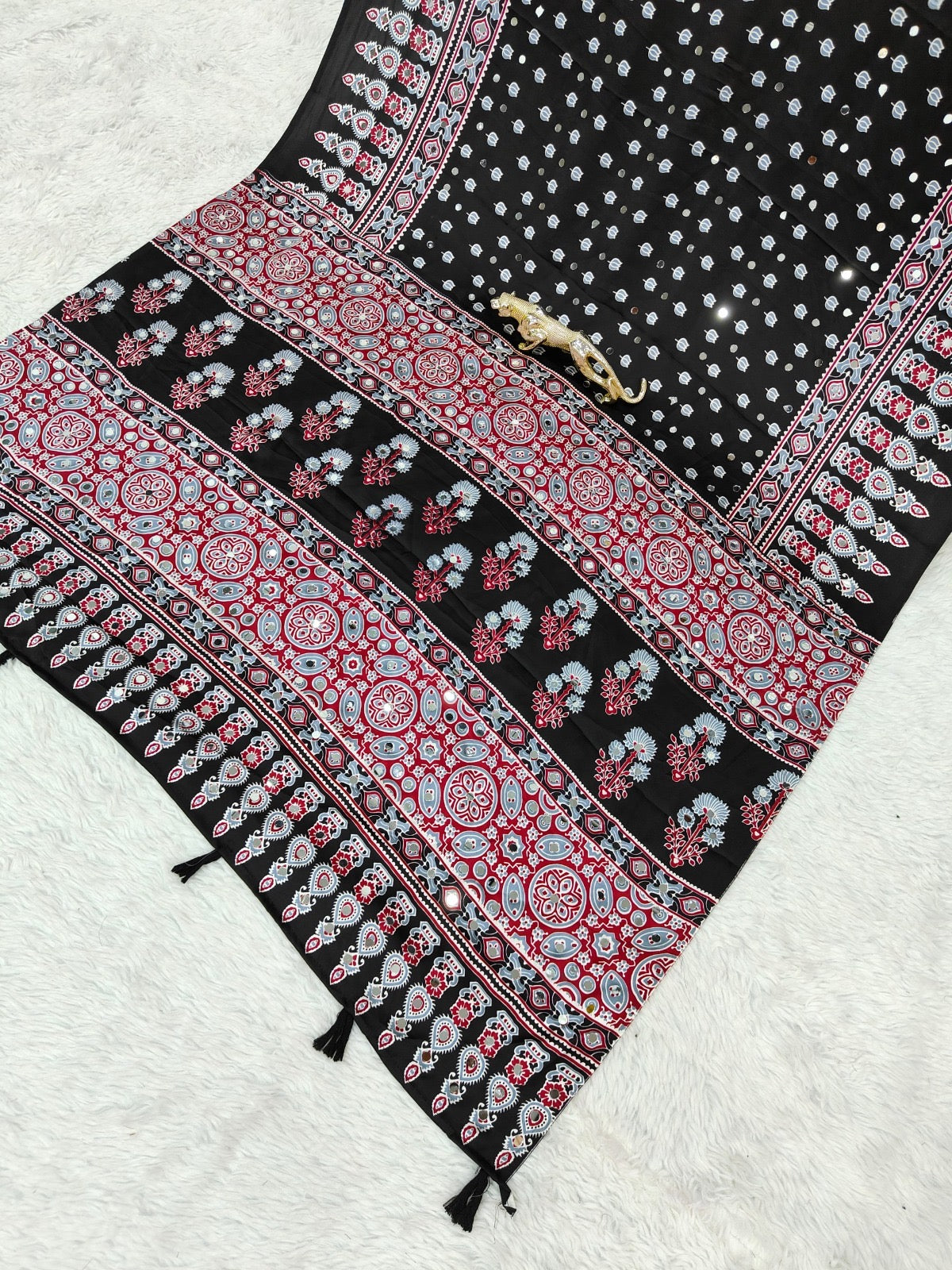 Beautiful satin gajji saree with mirror work