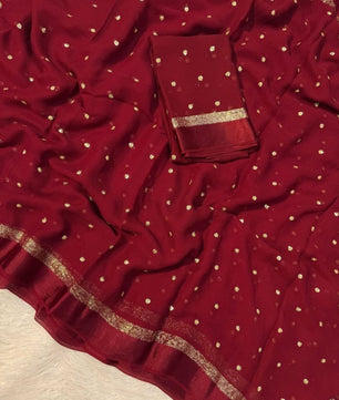 Premium Satin Patta Pure Viscose Georgette Saree with Sequins Butti & Designer Contrast Blouse