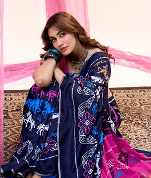 Soft Tusser With Super Ikkat Print & Zari Border*