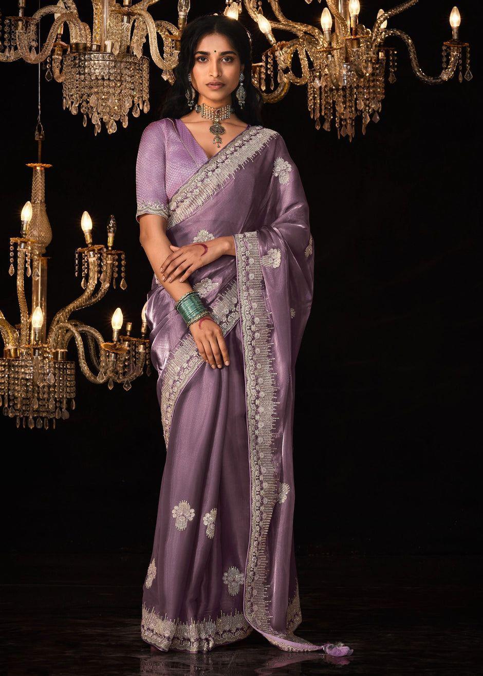 Shinning pure crystal silk Jimmy choo sarees with seqnce & zari embroidered