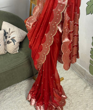 Banarasi Tissue Saree with Aari Work on all over Body with Intricate scallop border and Pallu