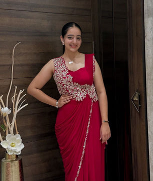 Elegant Pink Heavy Rangoli Embroidered Ready-to-Wear Saree for Weddings & Parties