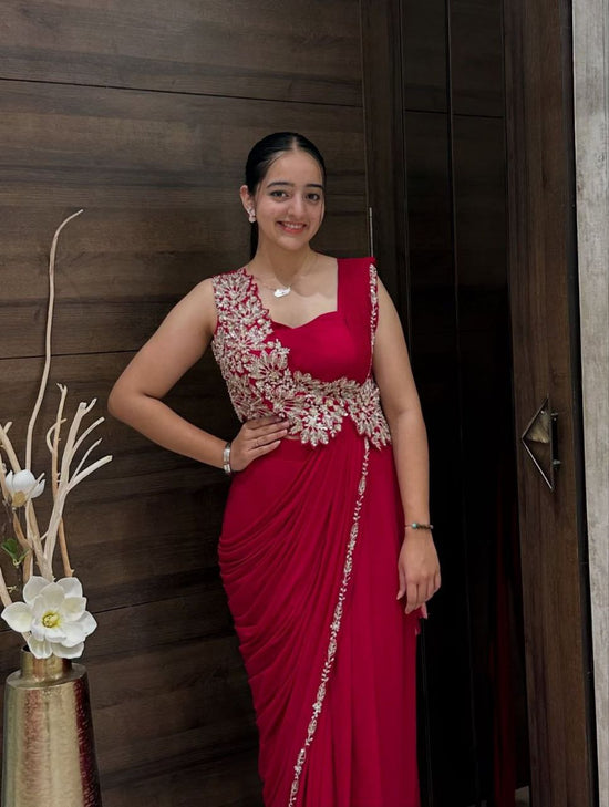 Elegant Pink Heavy Rangoli Embroidered Ready-to-Wear Saree for Weddings & Parties