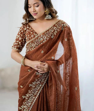 Soft Fendy Chiffon Saree With Heavy Embroidery Sequins And Thread Work All Over The Saree And Scallop Border*