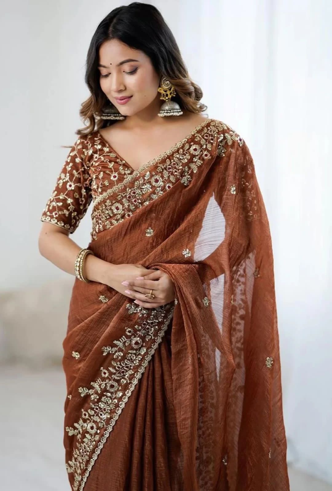 Soft Fendy Chiffon Saree With Heavy Embroidery Sequins And Thread Work All Over The Saree And Scallop Border*