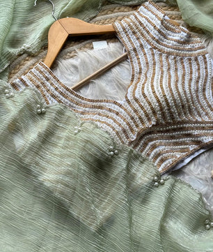 Crush Slik Sari With Stiched Blouse Fully Handwork Include Pearl