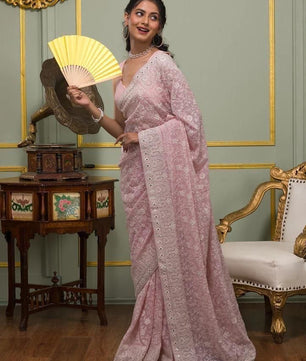 Faux geogert saree with white thread & seqnce full heavy work & gota pati embroidery