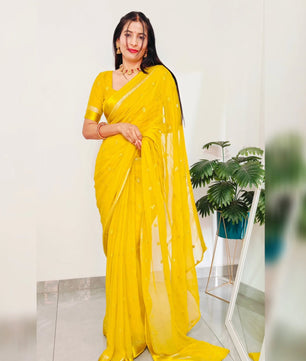 Premium Satin Patta Pure Viscose Georgette Saree with Sequins Butti & Designer Contrast Blouse