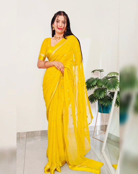 Premium Satin Patta Pure Viscose Georgette Saree with Sequins Butti & Designer Contrast Blouse