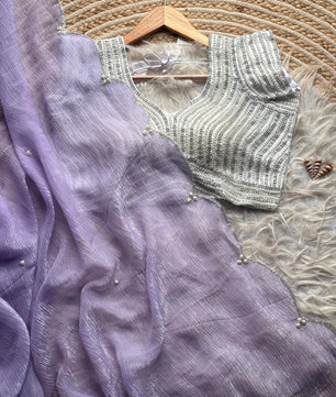 Crush Slik Sari With Stiched Blouse Fully Handwork Include Pearl