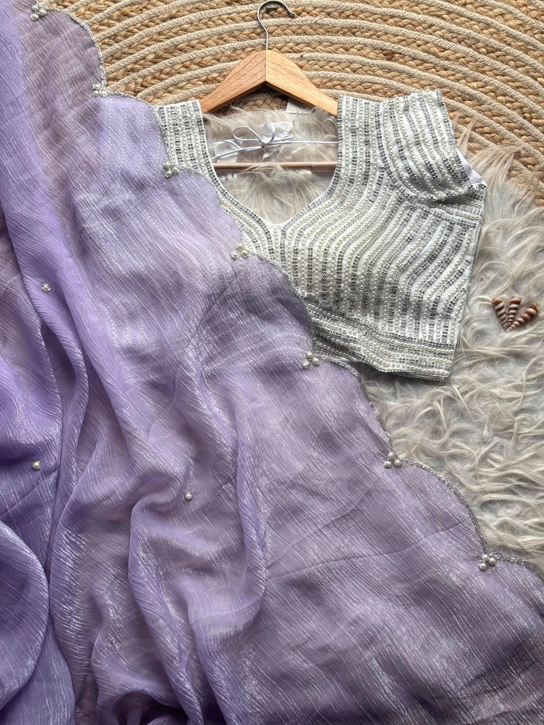 Crush Slik Sari With Stiched Blouse Fully Handwork Include Pearl