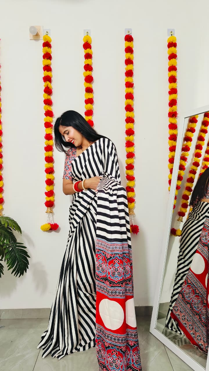 New Ajrakh satin silk saree