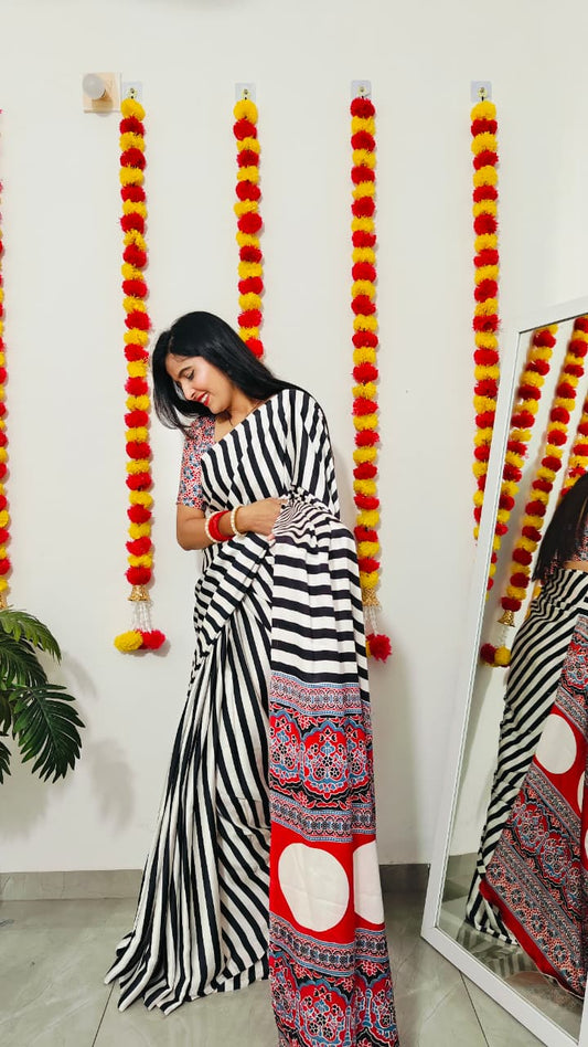 New Ajrakh satin silk saree