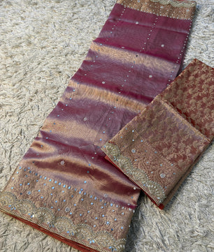 Soft Glass Tissue Banarasi *HandworkStone, Mirror and *Heavy Handwork* Lace Work Saree