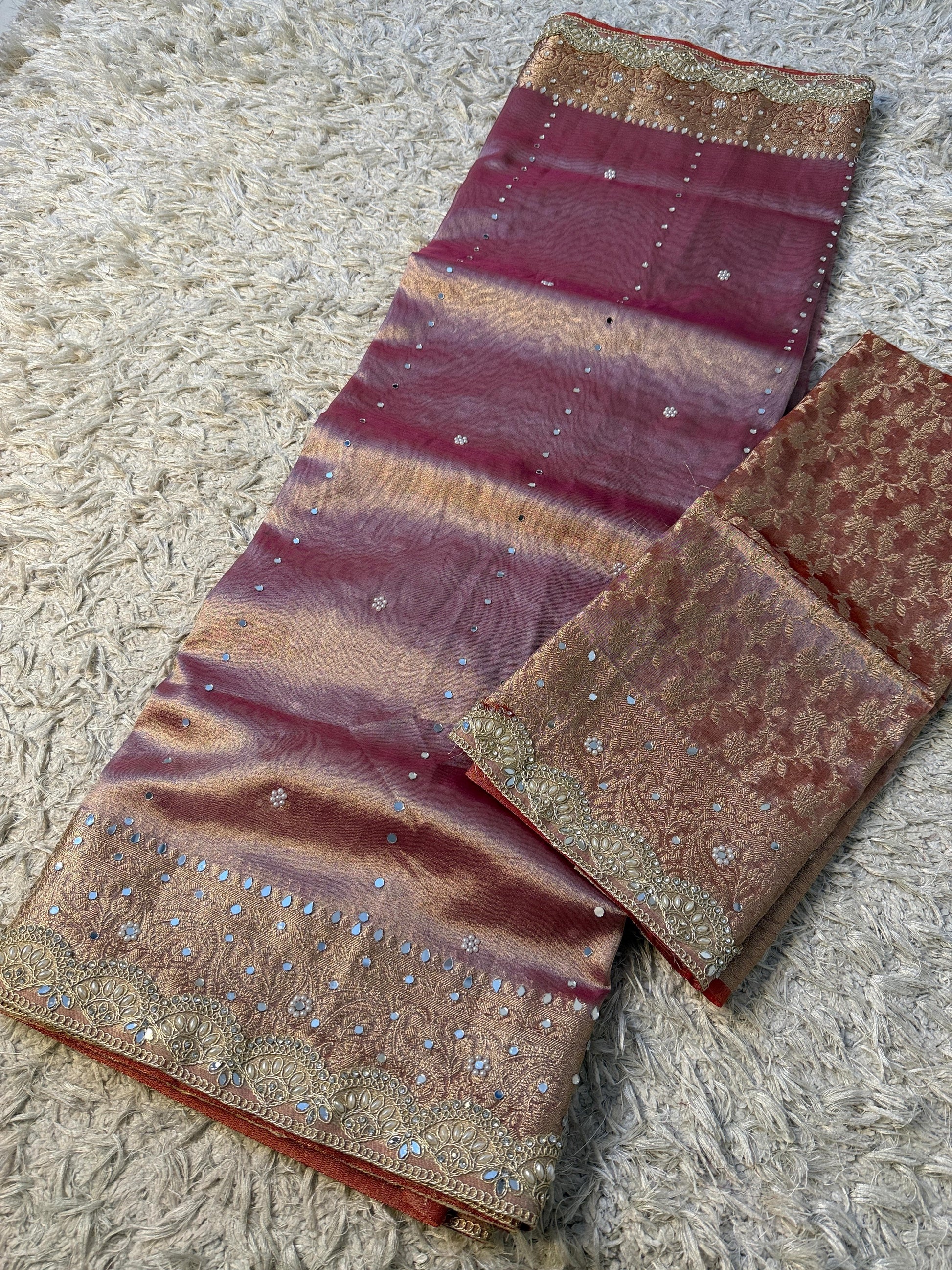 Soft Glass Tissue Banarasi *HandworkStone, Mirror and *Heavy Handwork* Lace Work Saree