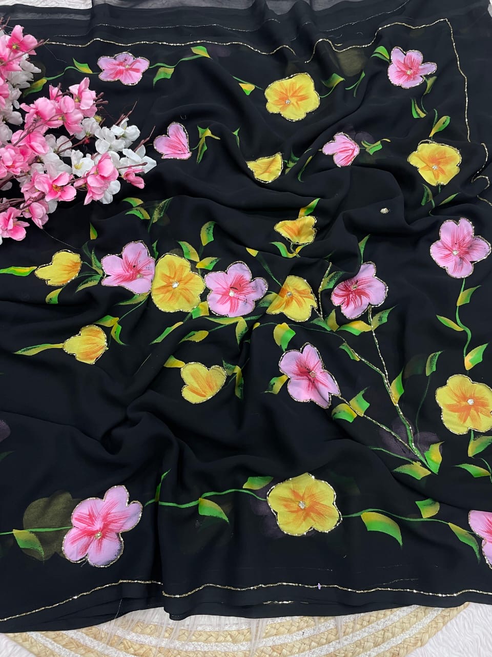 Beautiful brush print in whole saree with cut dena work