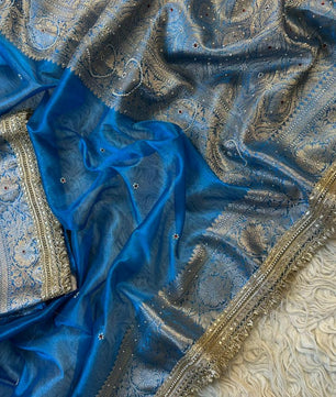 Bridal Tissue Saree with Designer Pearl and Mirror Lace Work Jhalar Lace on Pallu