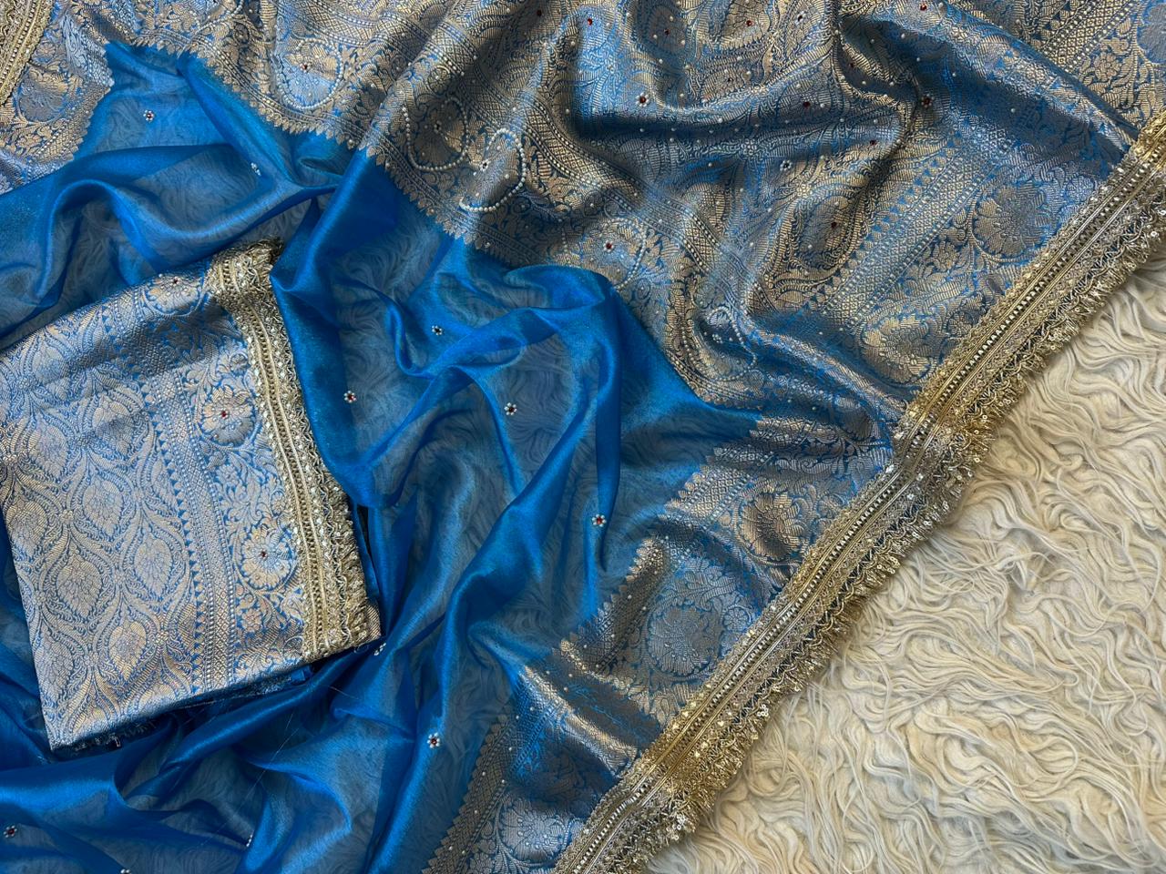 Bridal Tissue Saree with Designer Pearl and Mirror Lace Work Jhalar Lace on Pallu