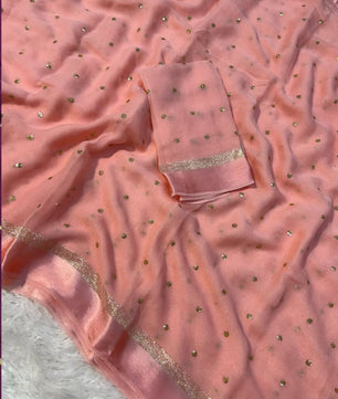 Premium Satin Patta Pure Viscose Georgette Saree with Sequins Butti & Designer Contrast Blouse