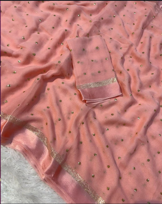 Premium Satin Patta Pure Viscose Georgette Saree with Sequins Butti & Designer Contrast Blouse