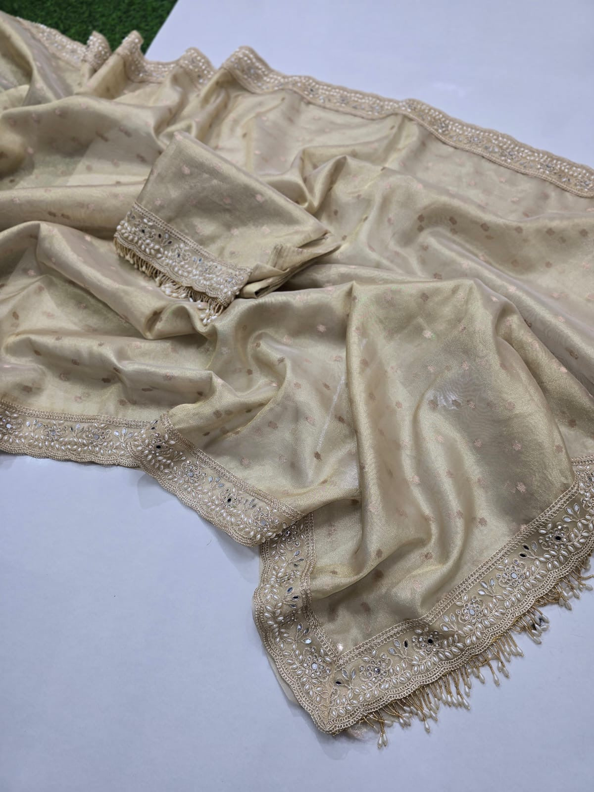 Banarasi tissue silk saree with all over chunri but