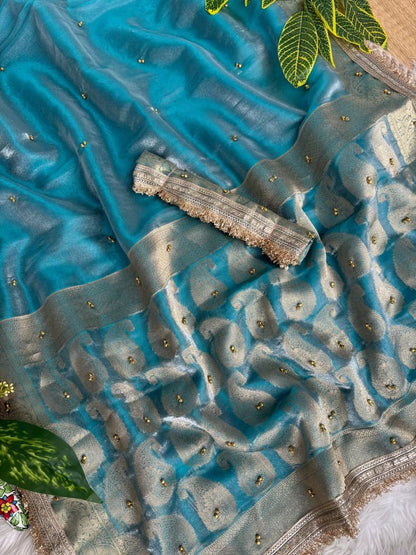 Pure Soft Banarasi Sartin Silk Weaving Saree With Gungroo in All over Saree With Fancy Lace Border