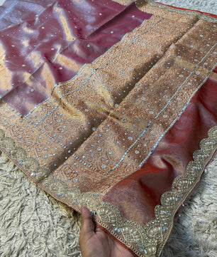 Soft Glass Tissue Banarasi *HandworkStone, Mirror and *Heavy Handwork* Lace Work Saree