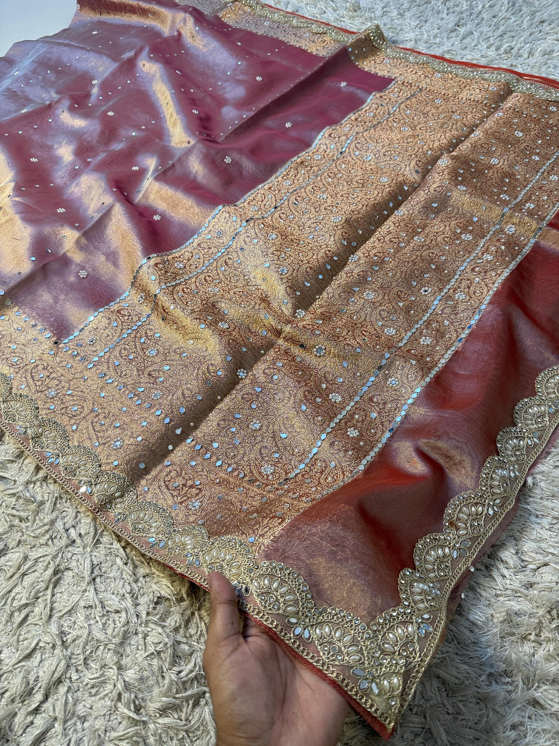 Soft Glass Tissue Banarasi *HandworkStone, Mirror and *Heavy Handwork* Lace Work Saree