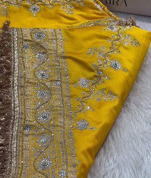 Banarasi Soft Mashru Katan Silk in Marigold Yellow.
Handwoven buta motifs