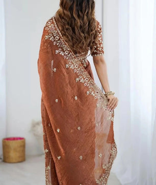 Soft Fendy Chiffon Saree With Heavy Embroidery Sequins And Thread Work All Over The Saree And Scallop Border*