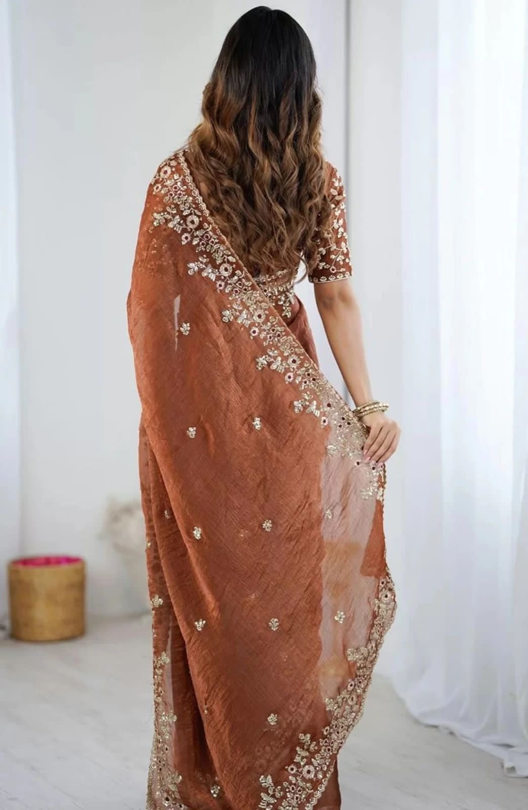 Soft Fendy Chiffon Saree With Heavy Embroidery Sequins And Thread Work All Over The Saree And Scallop Border*