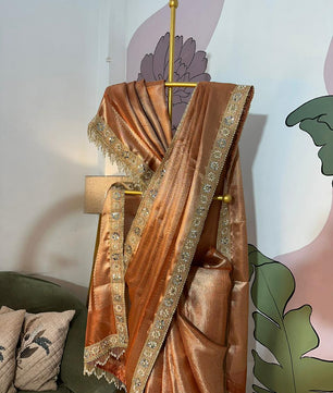 Rust Orange Bridal Kanjeevaram Brocade Tissue Saree with Designer Pearl and Mirror Lace Work Jhalar Lace on Pallu