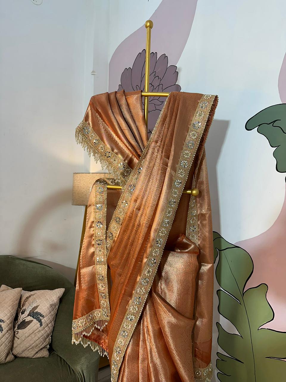 Rust Orange Bridal Kanjeevaram Brocade Tissue Saree with Designer Pearl and Mirror Lace Work Jhalar Lace on Pallu