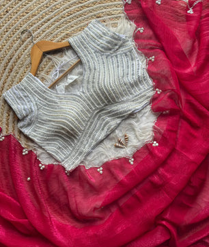 Crush Slik Sari With Stiched Blouse Fully Handwork Include Pearl