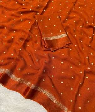 Premium Satin Patta Pure Viscose Georgette Saree with Sequins Butti & Designer Contrast Blouse