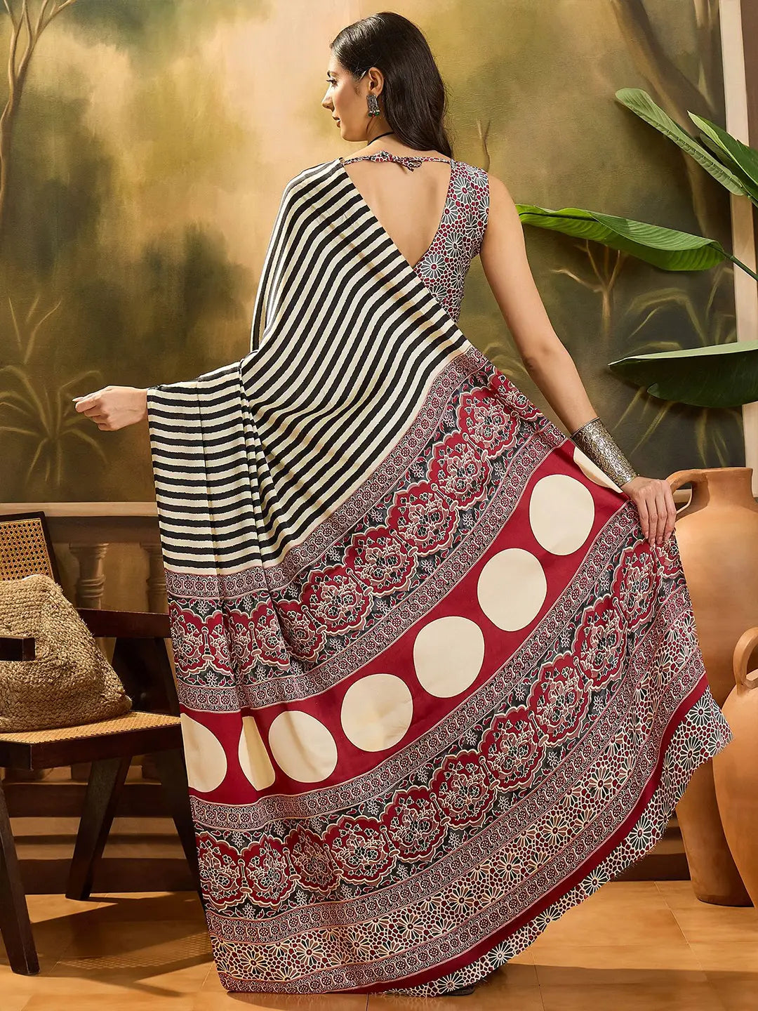 New Ajrakh satin silk saree