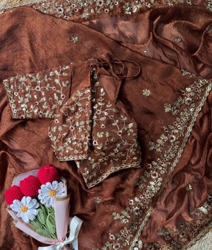 Soft Fendy Chiffon Saree With Heavy Embroidery Sequins And Thread Work All Over The Saree And Scallop Border*