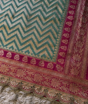 Katan Georgette Silk Saree with Scallop lace handwork, 
Latkan handwork pallu