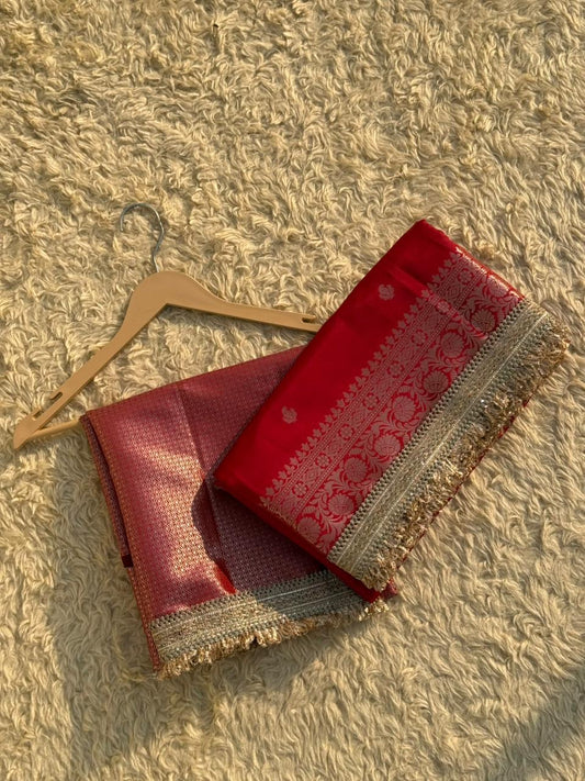 Soft Silk Saree In Red with Lace Work