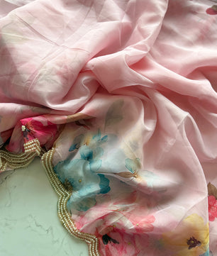 Primium Soft Orgenza Tebby Silk With Flower Digital Print and Handwork Arco Border