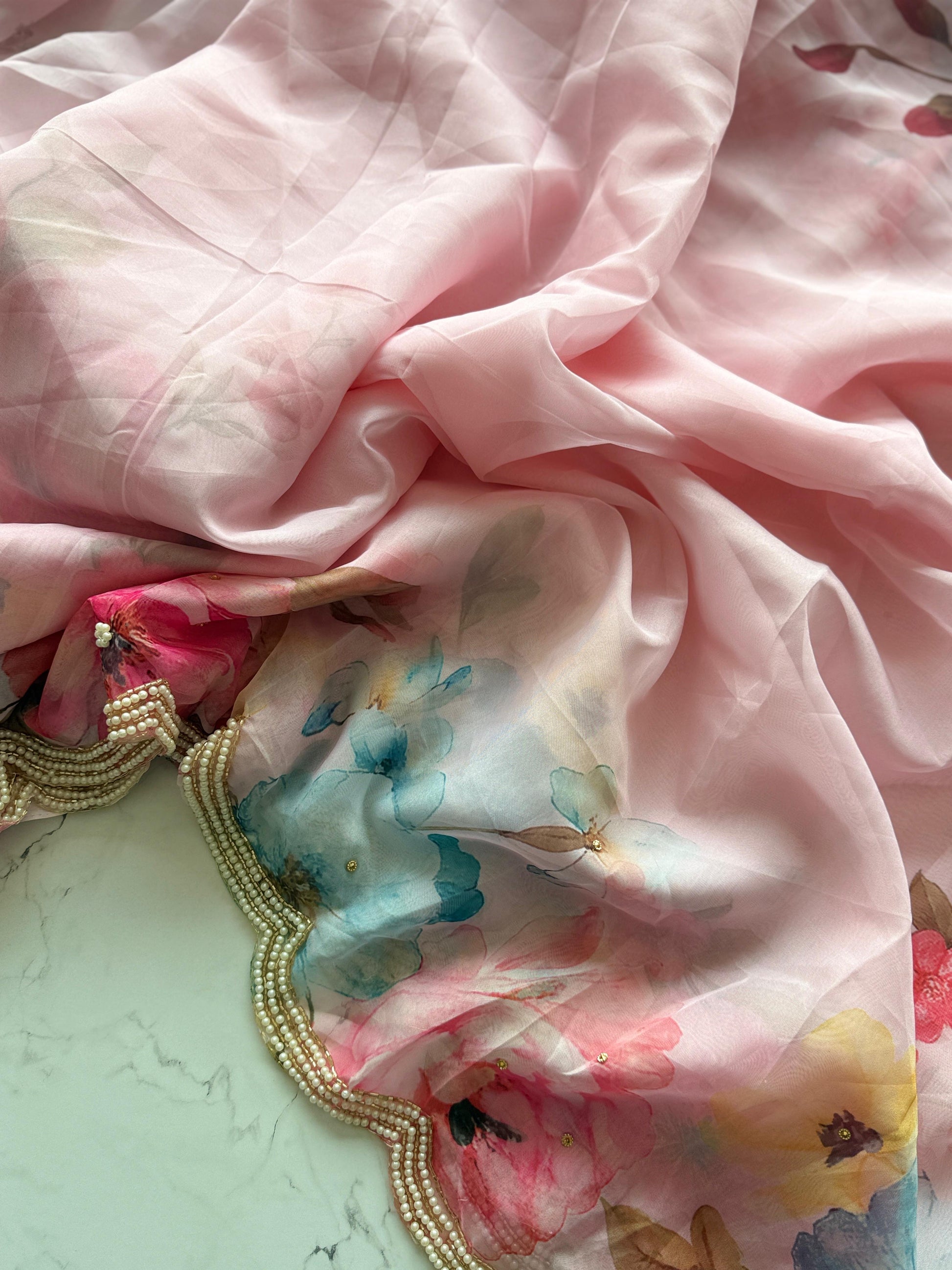 Primium Soft Orgenza Tebby Silk With Flower Digital Print and Handwork Arco Border